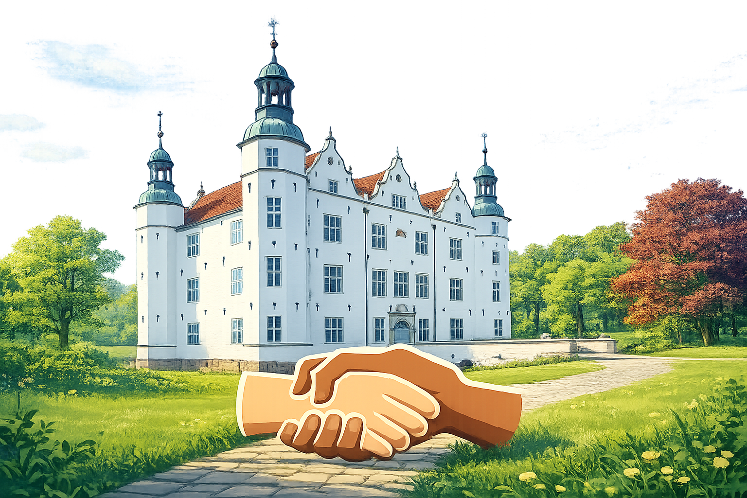 Illustration vom Ahrensburger Schloss mit Handschlag