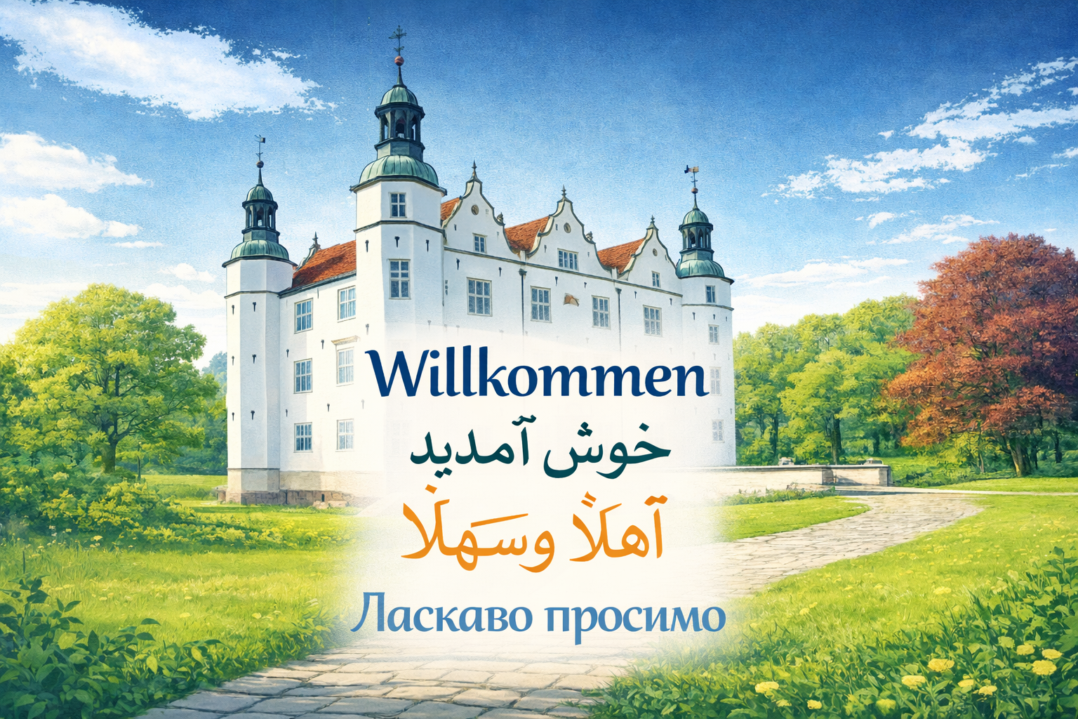 Ahrensburger Schloss mit Willkommen in mehreren Sprachen